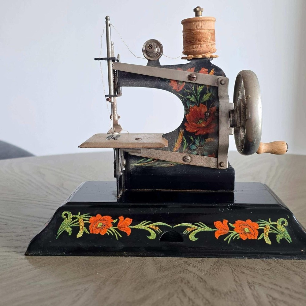 Vintage Casige Toy Sewing Machine Germany British Zone Floral Hand Crank